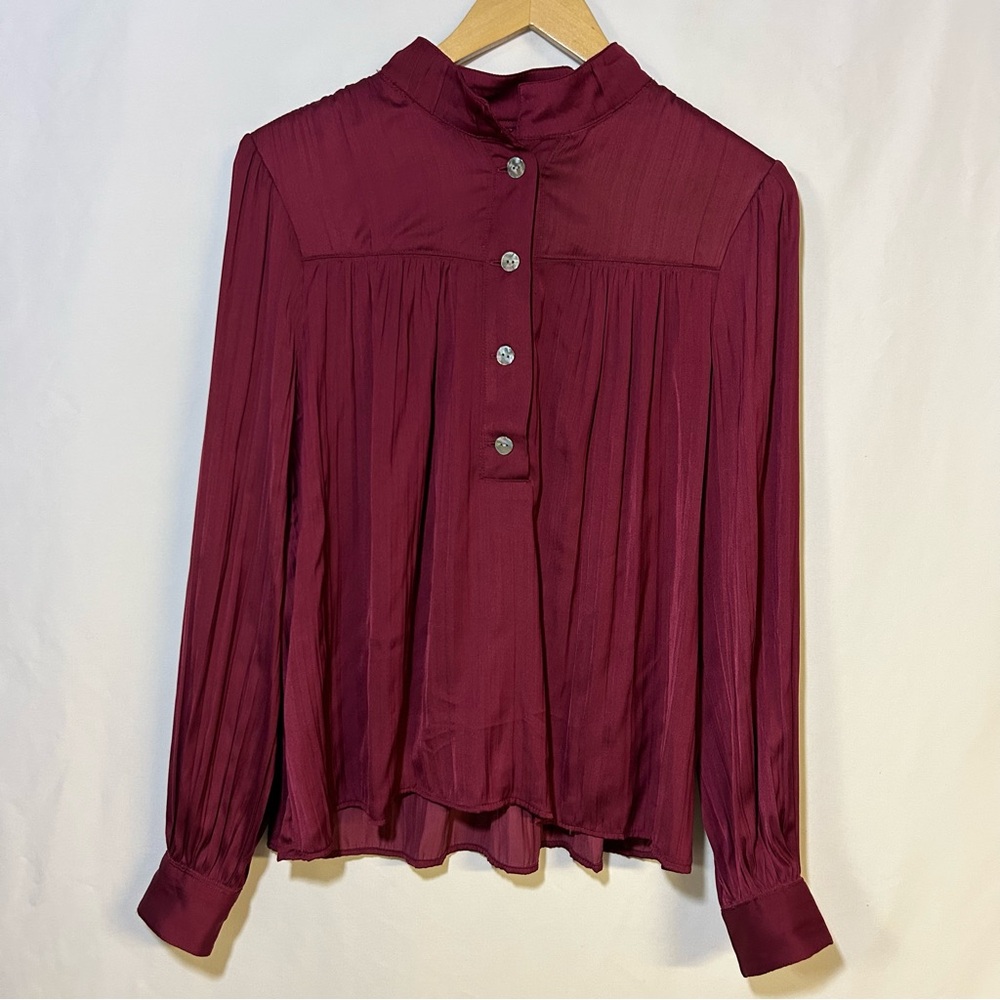 Anthropologie Relaxed Shimmer Satin Blouse size small Burgundy Maroon button